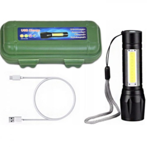 Latarka kieszonkowa LED mini XPE + COB + kabel USB, etui