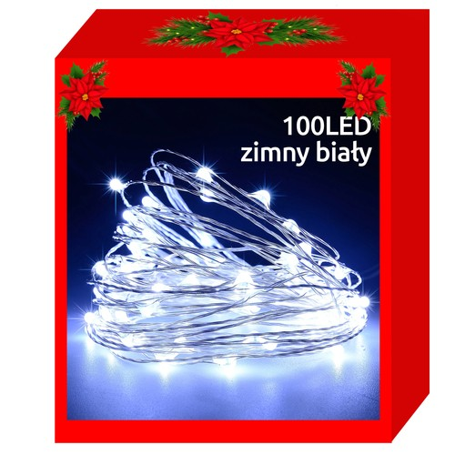 Lampki 100 LED, drucik, na 3x AA, zimny biały