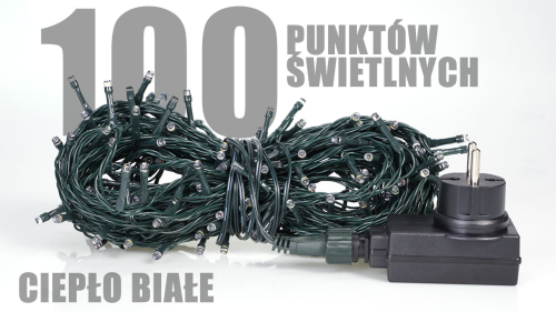 Lampki choinkowe 100 LED białe ciepłe, zewnętrzne, IP44, 3W, programator