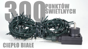 Lampki choinkowe 300 LED białe ciepłe, zewnętrzne, IP44, 5,5W, programator