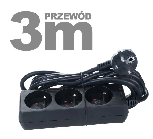 Przedłużacz sieciowy 3 gniazdowy 3m uziemienie czarny
