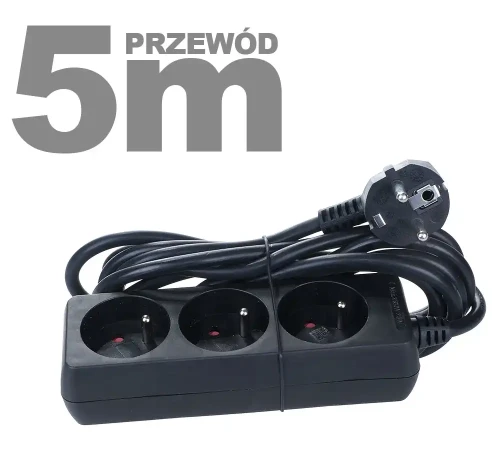 Przedłużacz sieciowy 3 gniazdowy 5m uziemienie czarny