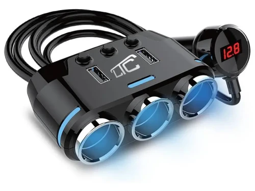 Rozgałęźnik zapalniczki 3 gniazda, 2x USB woltomierz M272