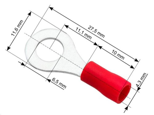 Konektor izolowany widełki, czerwony, śruba 6,5mm, kabel 4,3mm