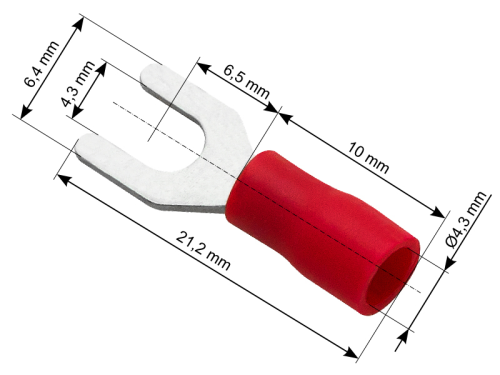 Konektor izolowany "widełki" czerwony, śruba 4,3, kabel 4,3